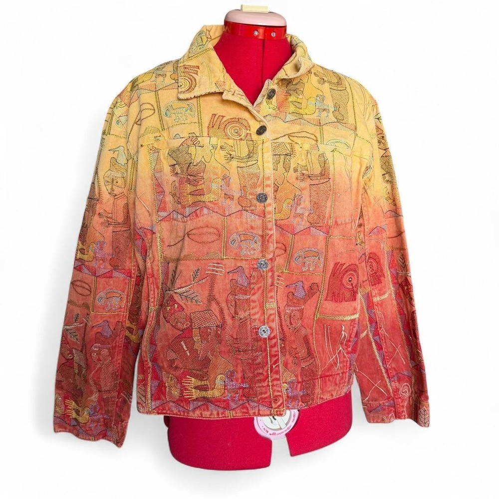 Chico's vintage 90s embroidered button up denim jacket orange ombré size large